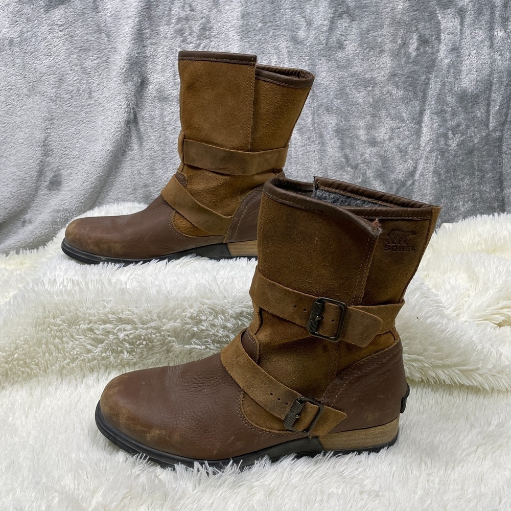 Sorel Major‎ Moto Boots Women's Size 9 Brown Leather Suede Buckle Strap Combat